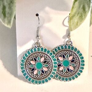 Turquoise Floral Medallion Drop Earrings - Women Jewelry